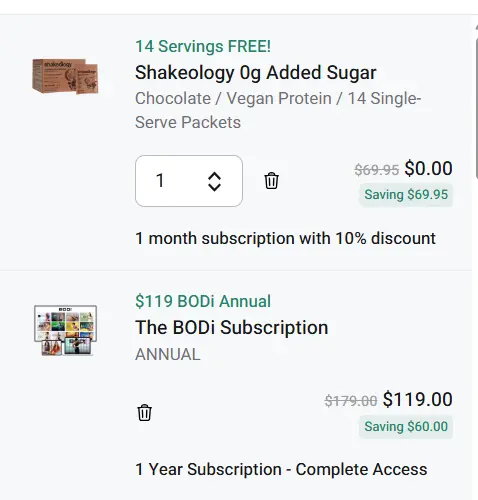 how to get 14 servinngs of shakeology free with an annual bodi membership
