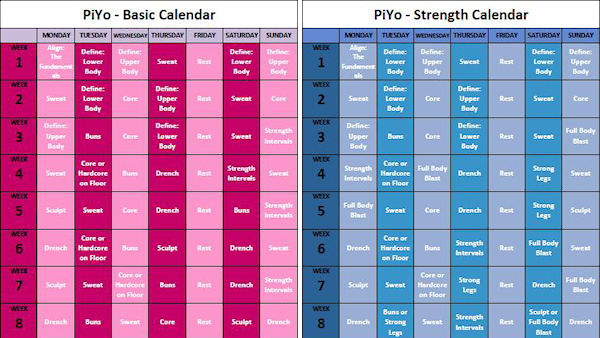 piyo base workout schedule is in pink piyo deluxe workout schedule is in blue