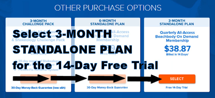 screenshot image of which plan to select for beachbody on demand free trial