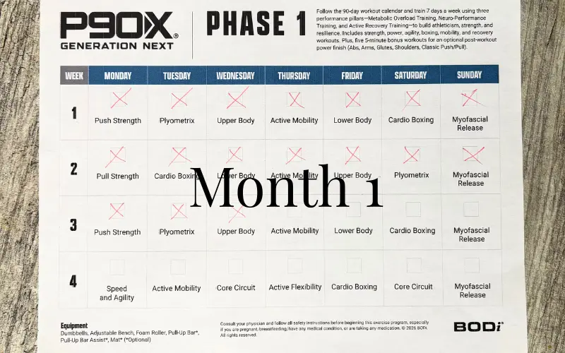 p90x generation next phase 1 workout calendar being shown as a print out with x marks on workouts that are completed