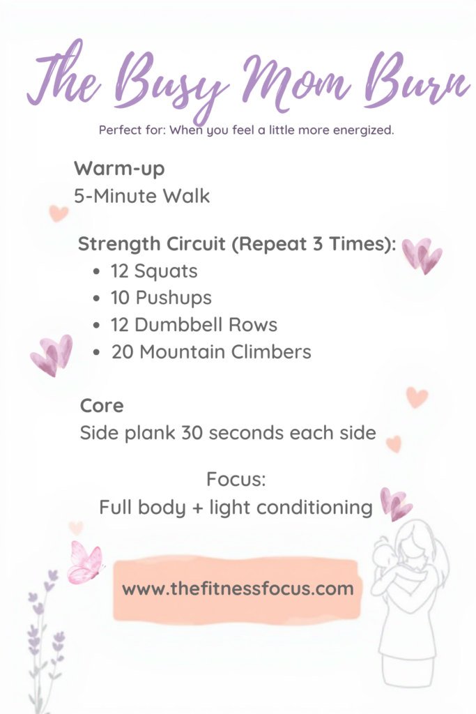 The 20-minute Busy Mom Burn workout is a strength cardio circuit sure to make you sweat for moms who just have a moment to workout.