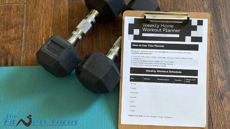 workout planer with weights and yoga mat displayed in center