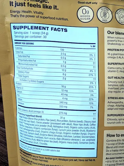 cafe latte vegan shakeology label close up showing nutrition facts and ingredients