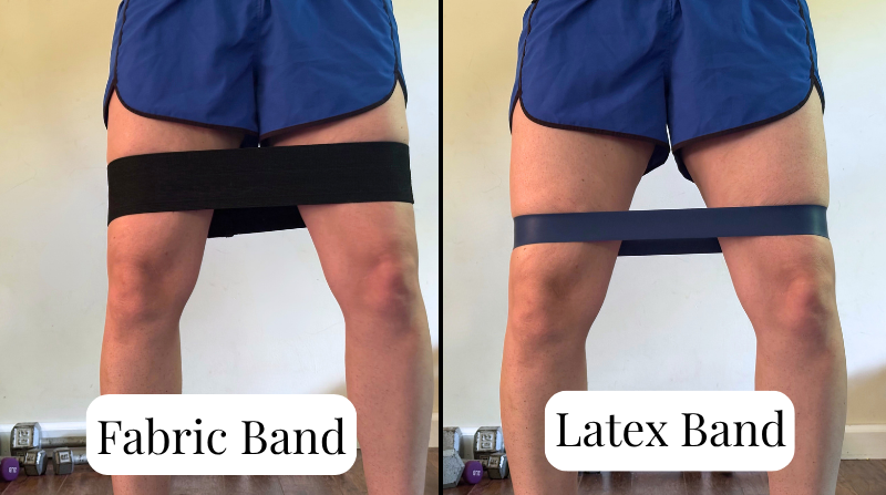 bethany showing different thickness of fabric bands vs latex bands on her legs around mid thigh