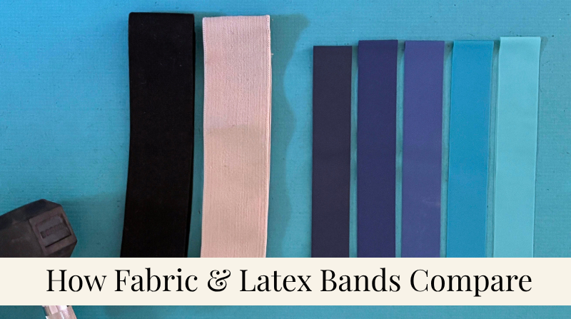 flat lay of of 5 latex resistance bands compared to two fabric bands with dumbbell in corner