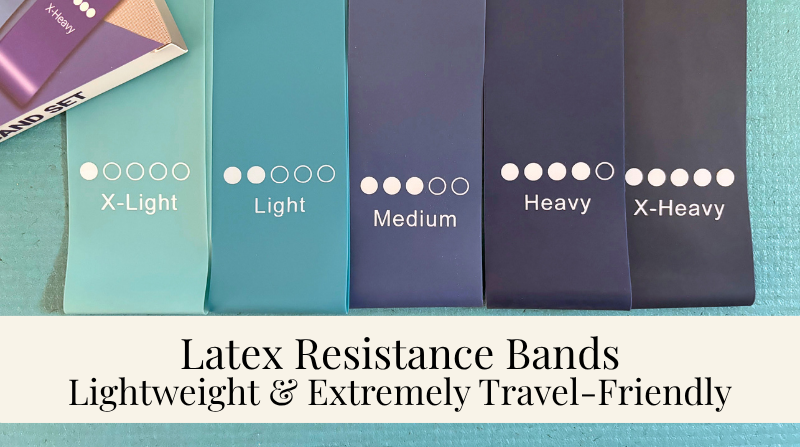 latex bands in varying resistance levels x-light, light, medium, heavy, x-heavy