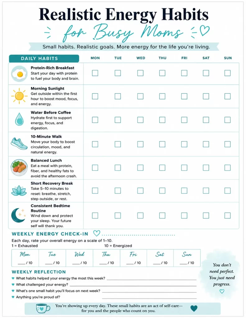 ☐ Protein-rich breakfast  ☐ Morning sunlight  ☐ Water before coffee  ☐ 10-minute walk  ☐ Balanced lunch  ☐ Short recovery break  ☐ Consistent bedtime routine
