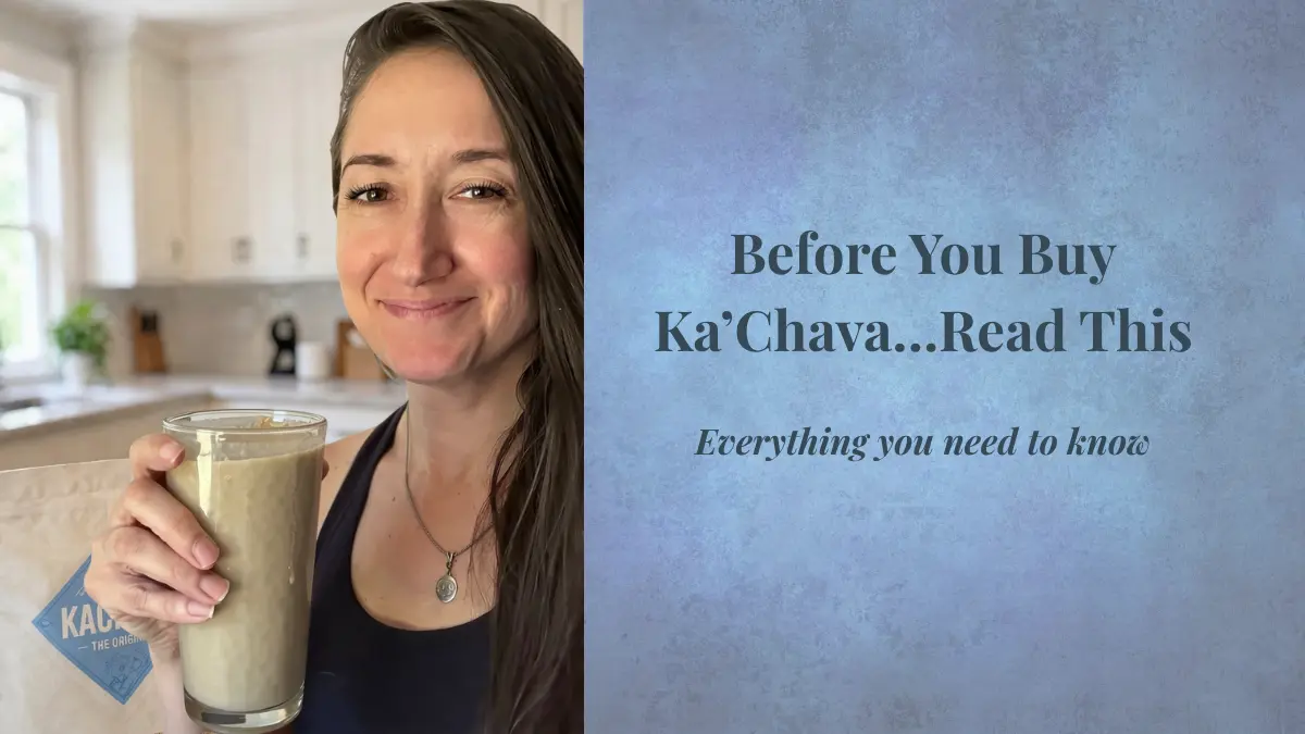 kachava review bethany holding cup of blended kachava with bag in background