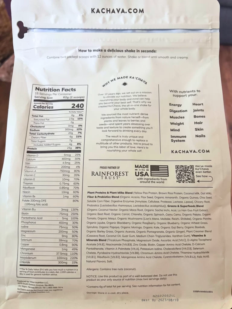 back of kachava bag with nutritional profile