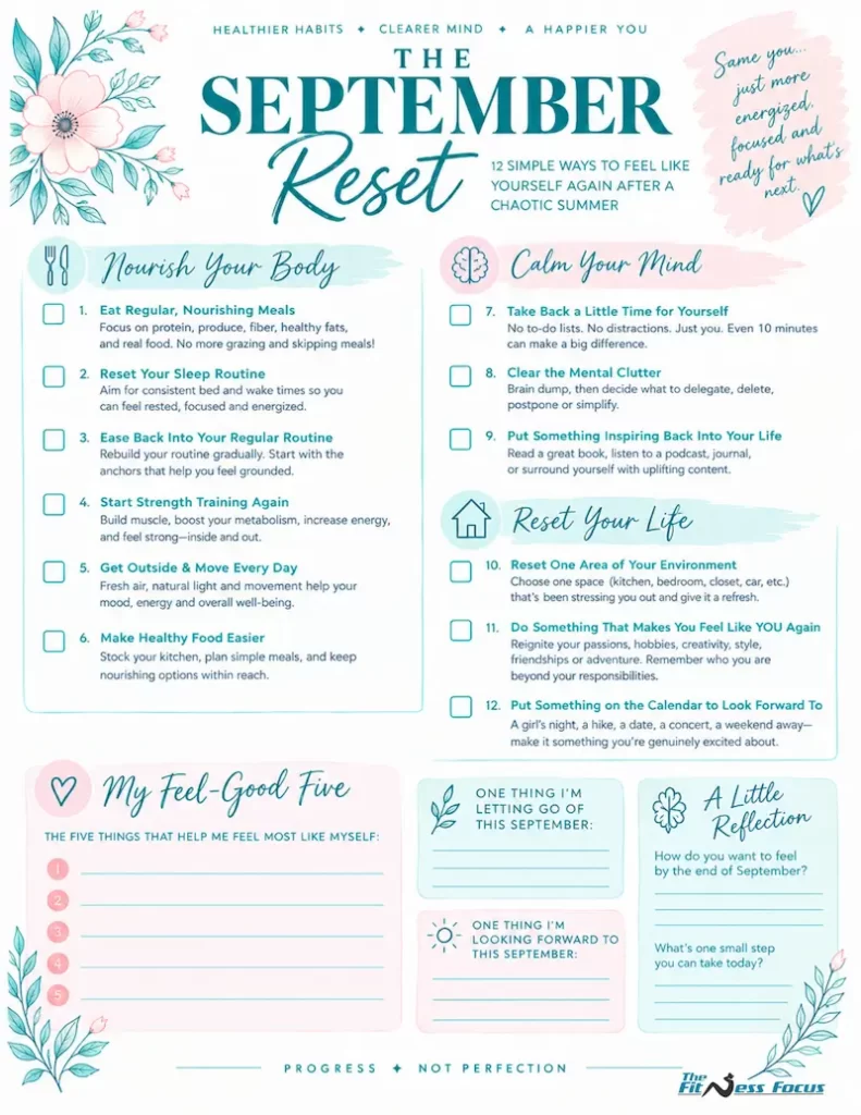 printable with a fill list of how to start reset in september to get back on track with health and fitness goals